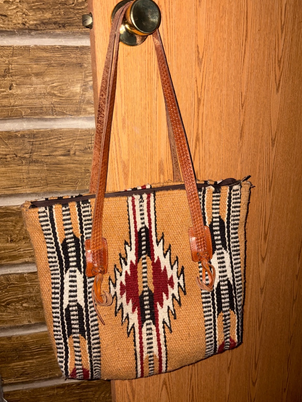Woven Southwest Pattern Tote Bag w/ real leather straps.